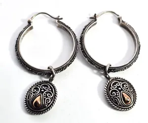 BA Suarti marcasite scroll hoop charm Bali Balinese 18k gold sterling silver earrings