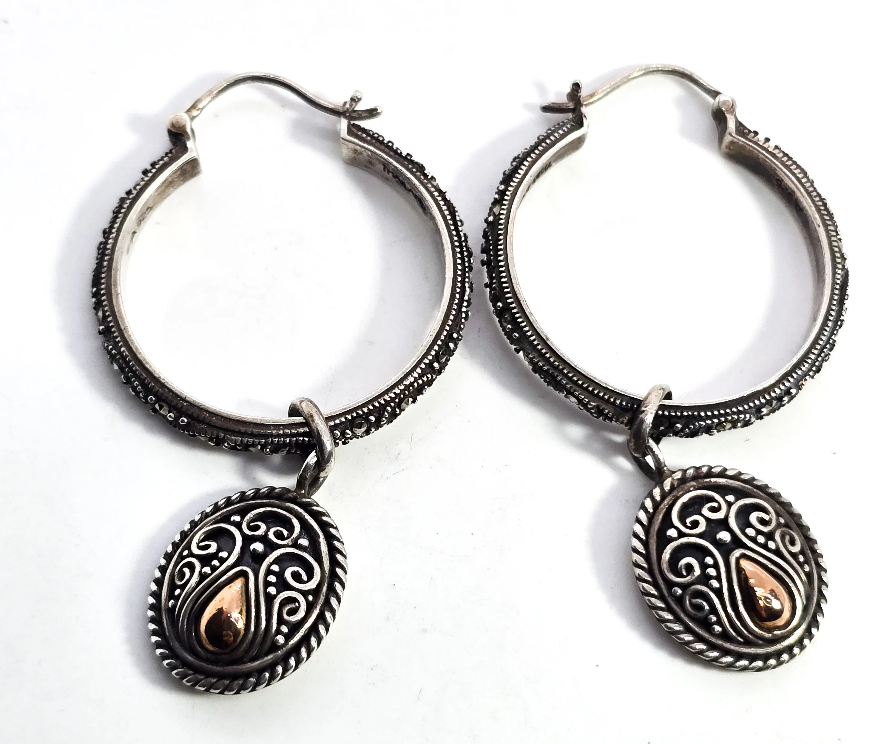 BA Suarti marcasite scroll hoop charm Bali Balinese 18k gold sterling silver earrings