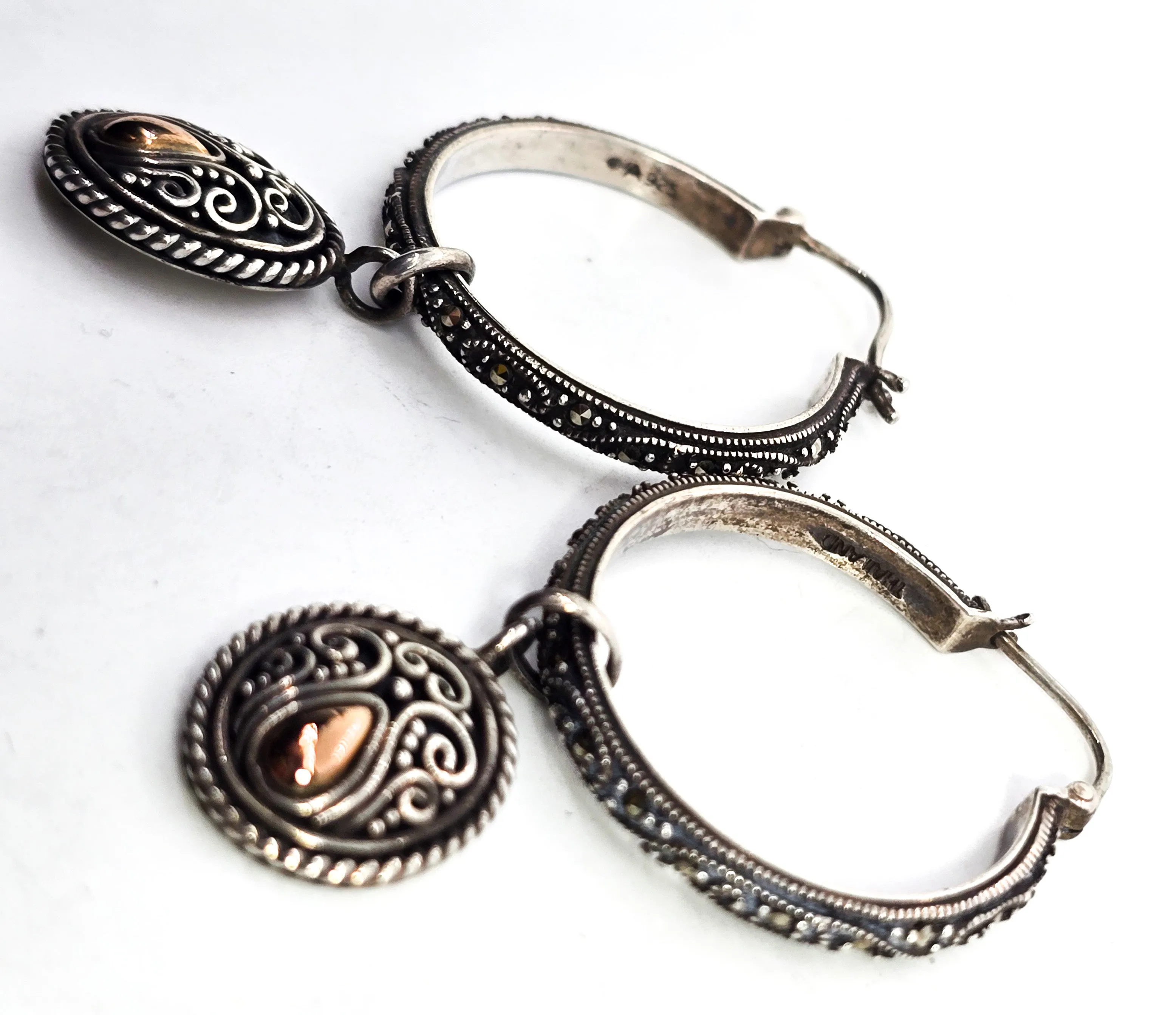 BA Suarti marcasite scroll hoop charm Bali Balinese 18k gold sterling silver earrings