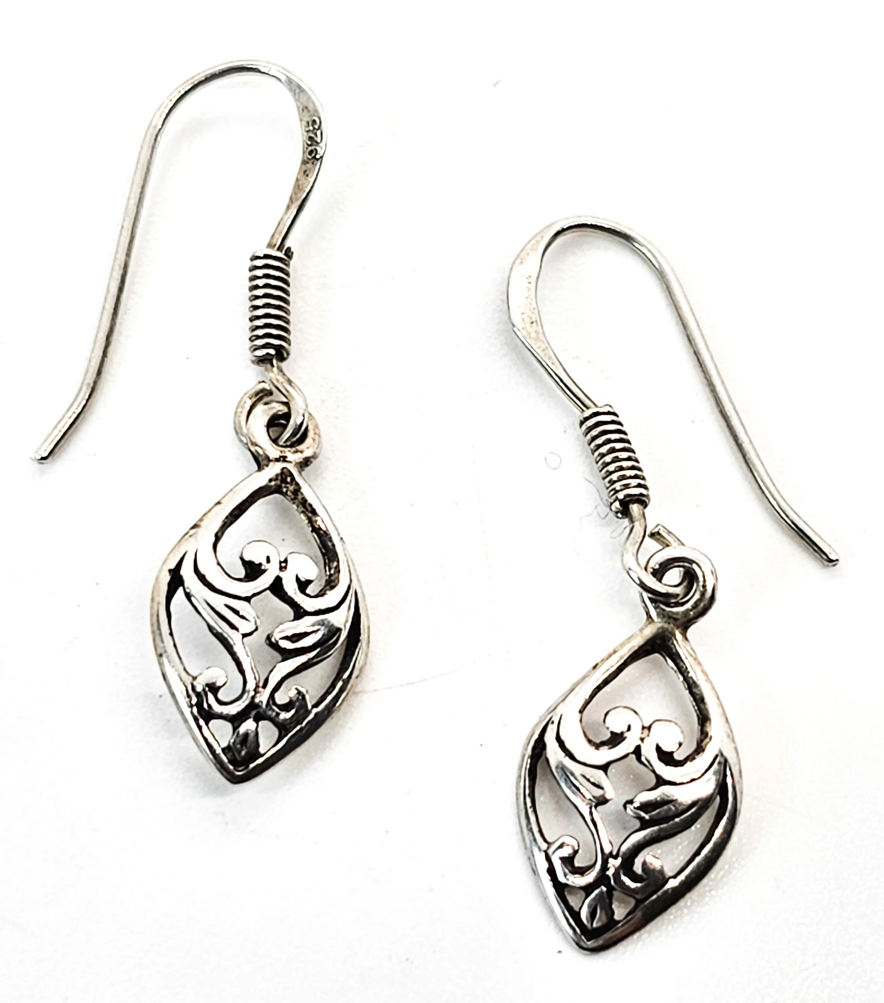 Balinese heart scroll vintage sterling silver drop earrings