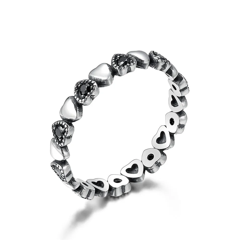 BAMOER Genuine 925 Sterling Silver Stackable Ring Heart Black CZ Finger Rings for Women Wedding Anniversary Jewelry Anel SCR140