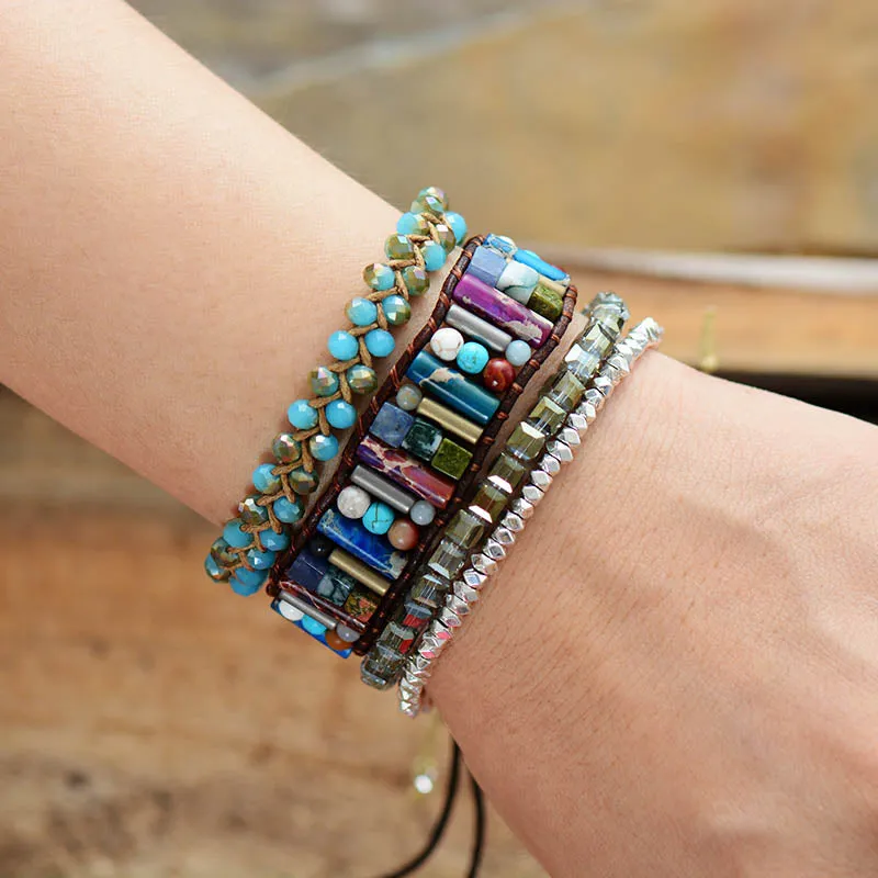 Beaded Leather Wrap Cuff Bracelet