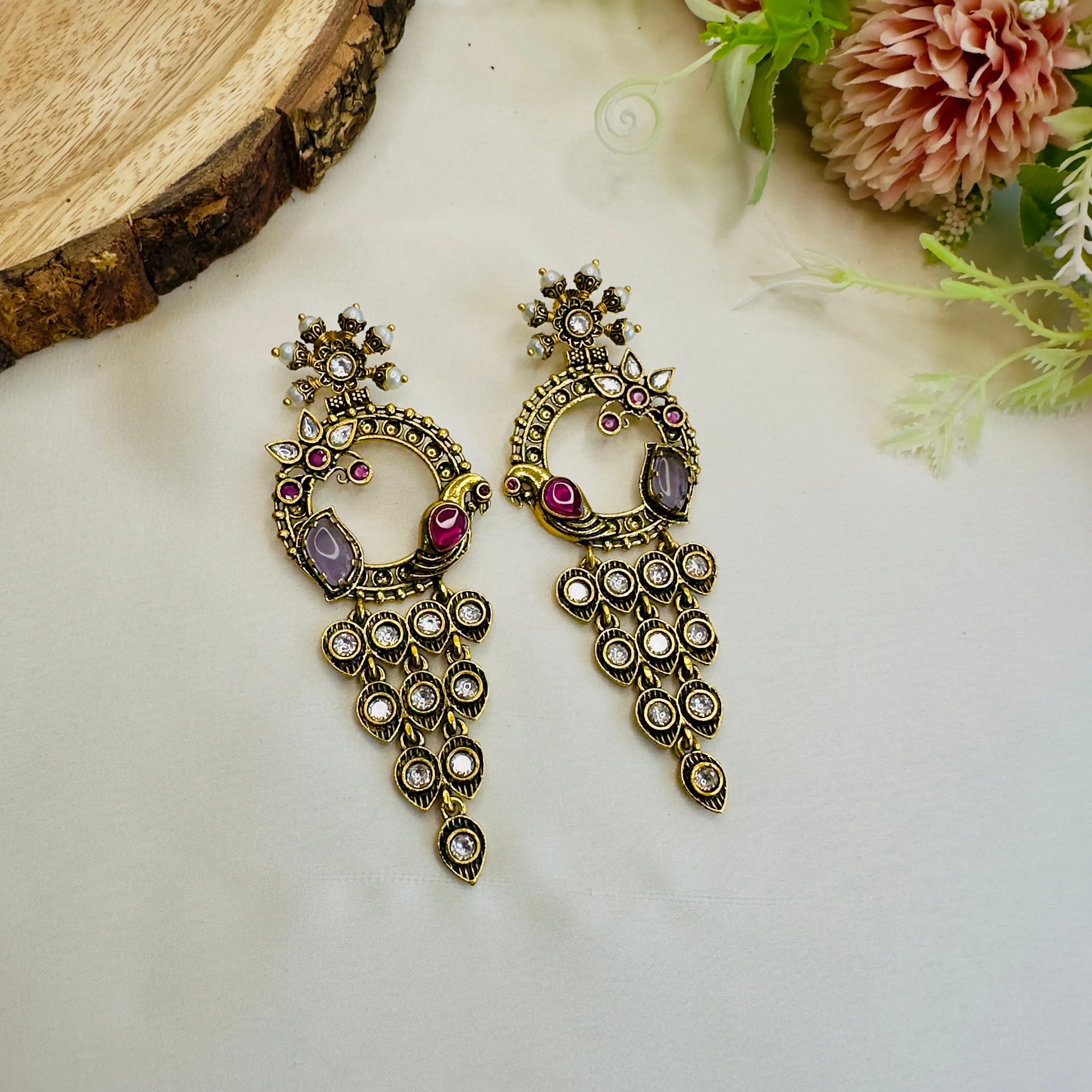 Bird Motif Antique Gold Polish Long Earrings