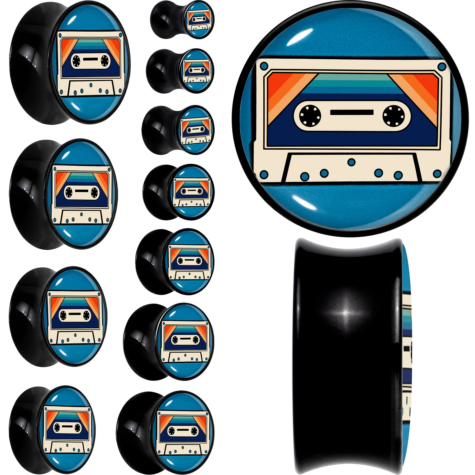 Black Acrylic Retro Cassette Double Flare Plug Set