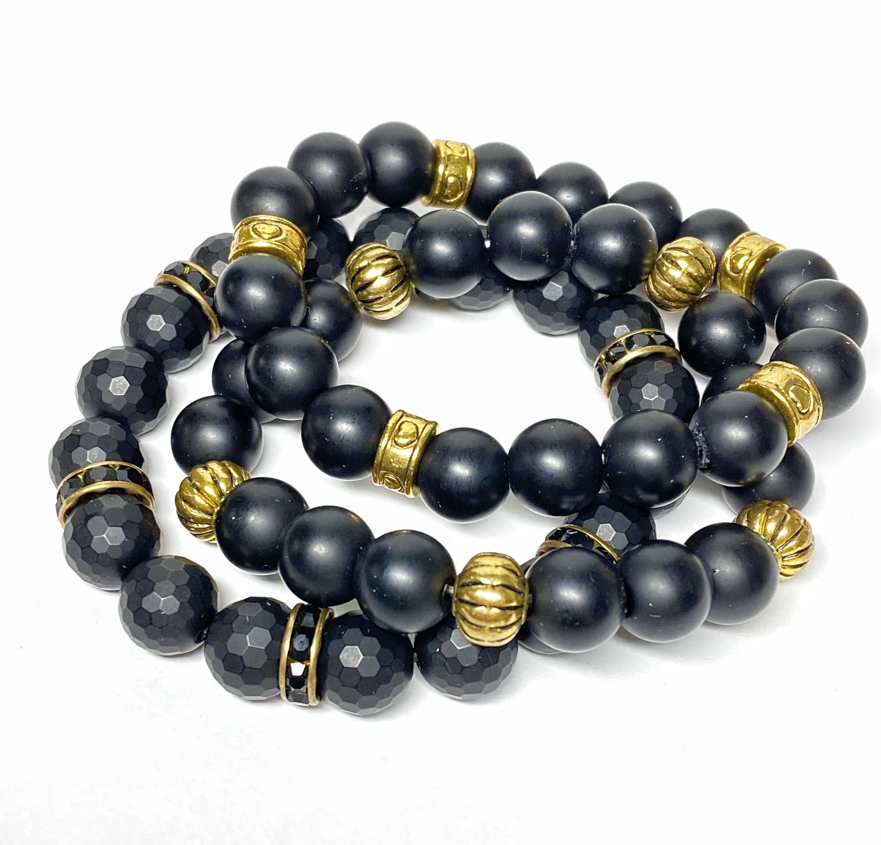 Black Beaded Stretch Stack Gold Layering Bracelets