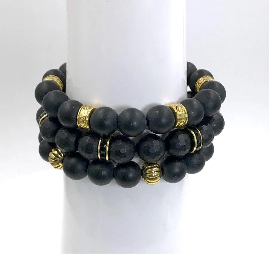 Black Beaded Stretch Stack Gold Layering Bracelets