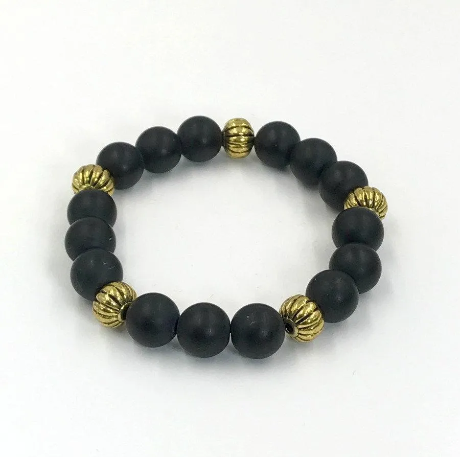 Black Beaded Stretch Stack Gold Layering Bracelets