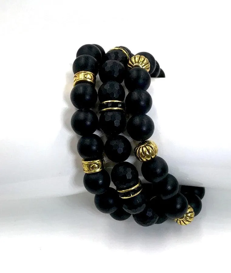 Black Beaded Stretch Stack Gold Layering Bracelets
