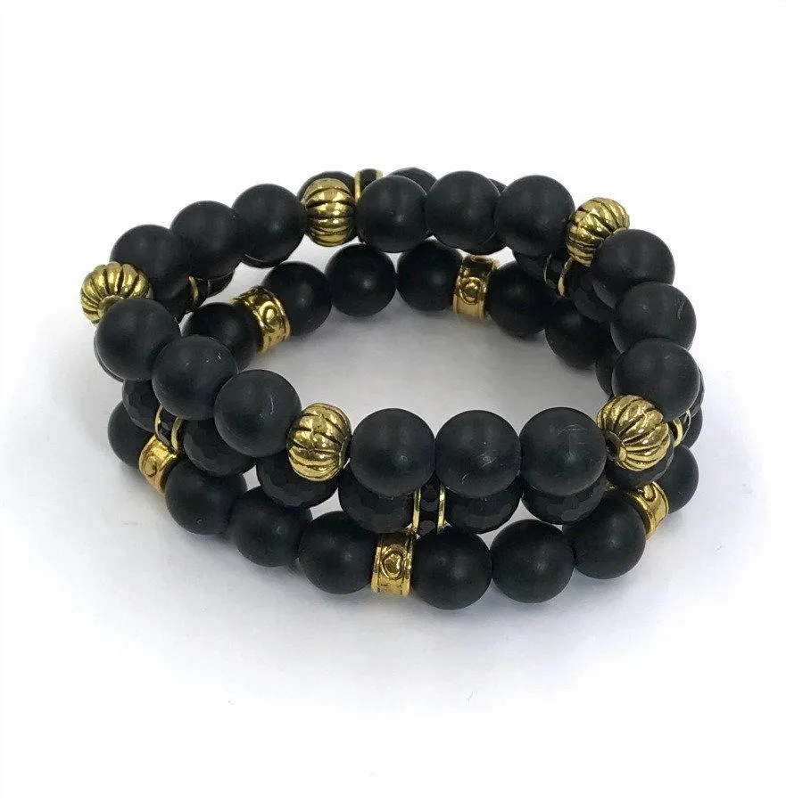 Black Beaded Stretch Stack Gold Layering Bracelets