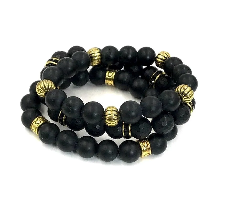 Black Beaded Stretch Stack Gold Layering Bracelets