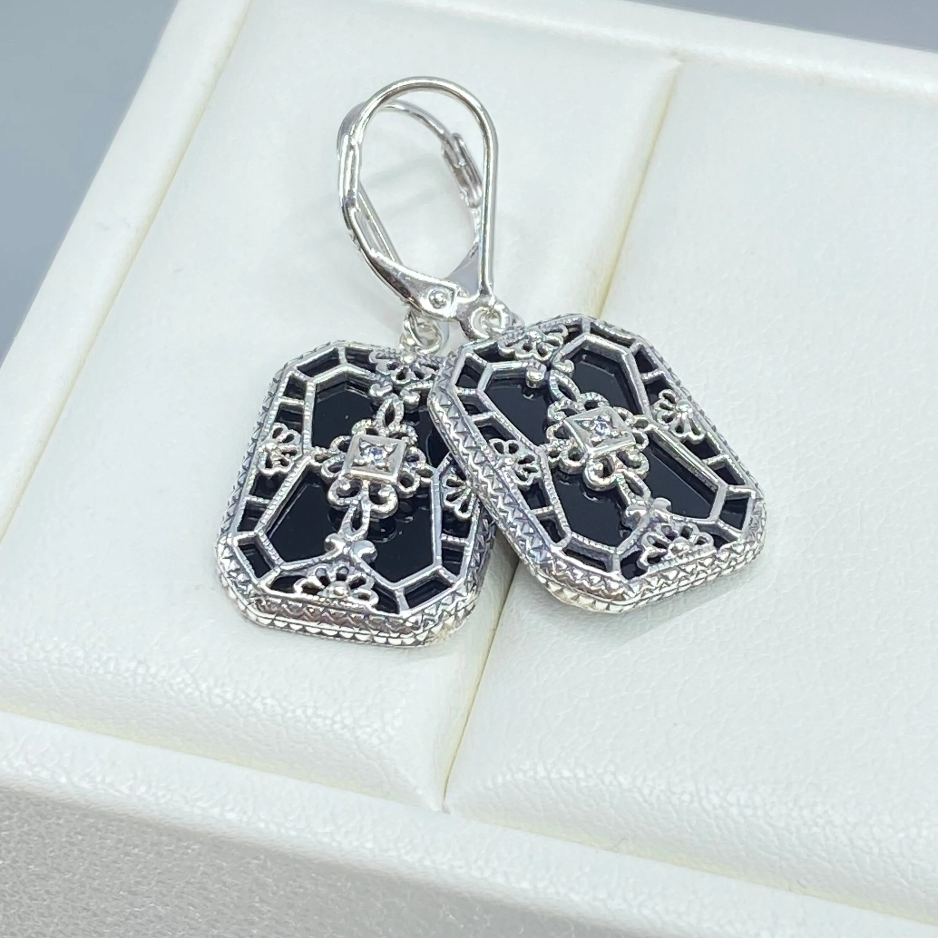 Black Camphor Glass Earrings, Stained Glass Art Deco 1930's Revival Jewelry #E203