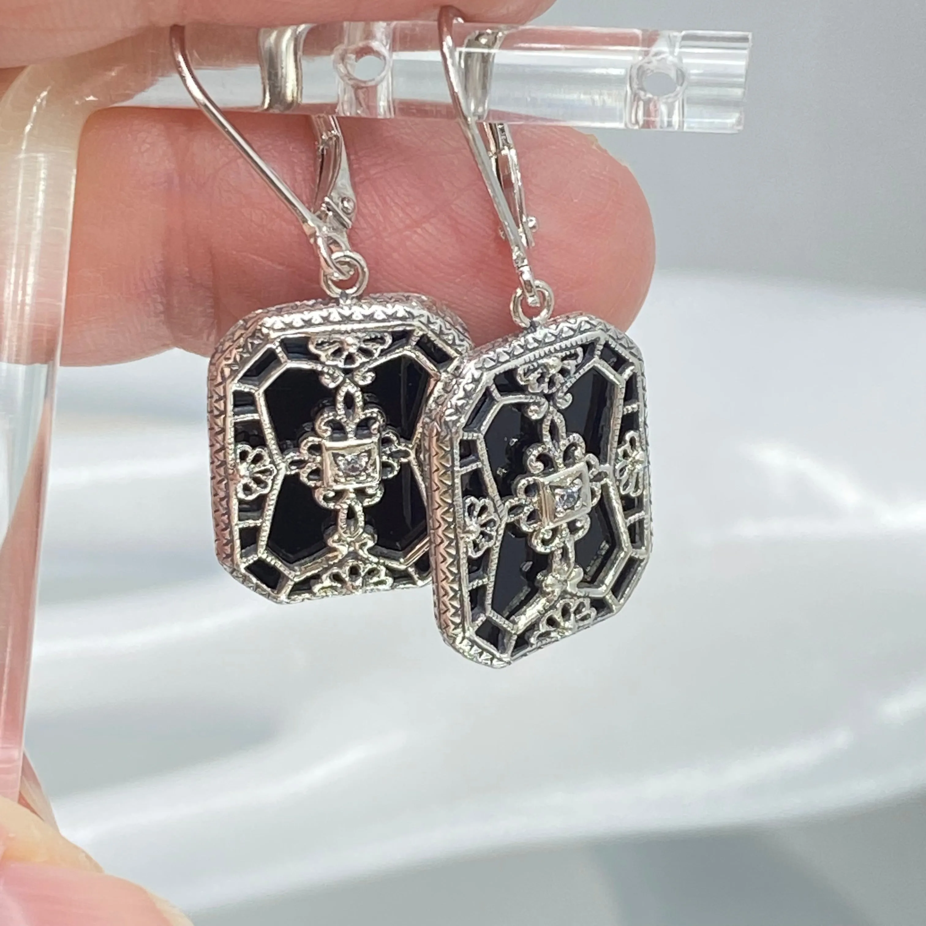Black Camphor Glass Earrings, Stained Glass Art Deco 1930's Revival Jewelry #E203