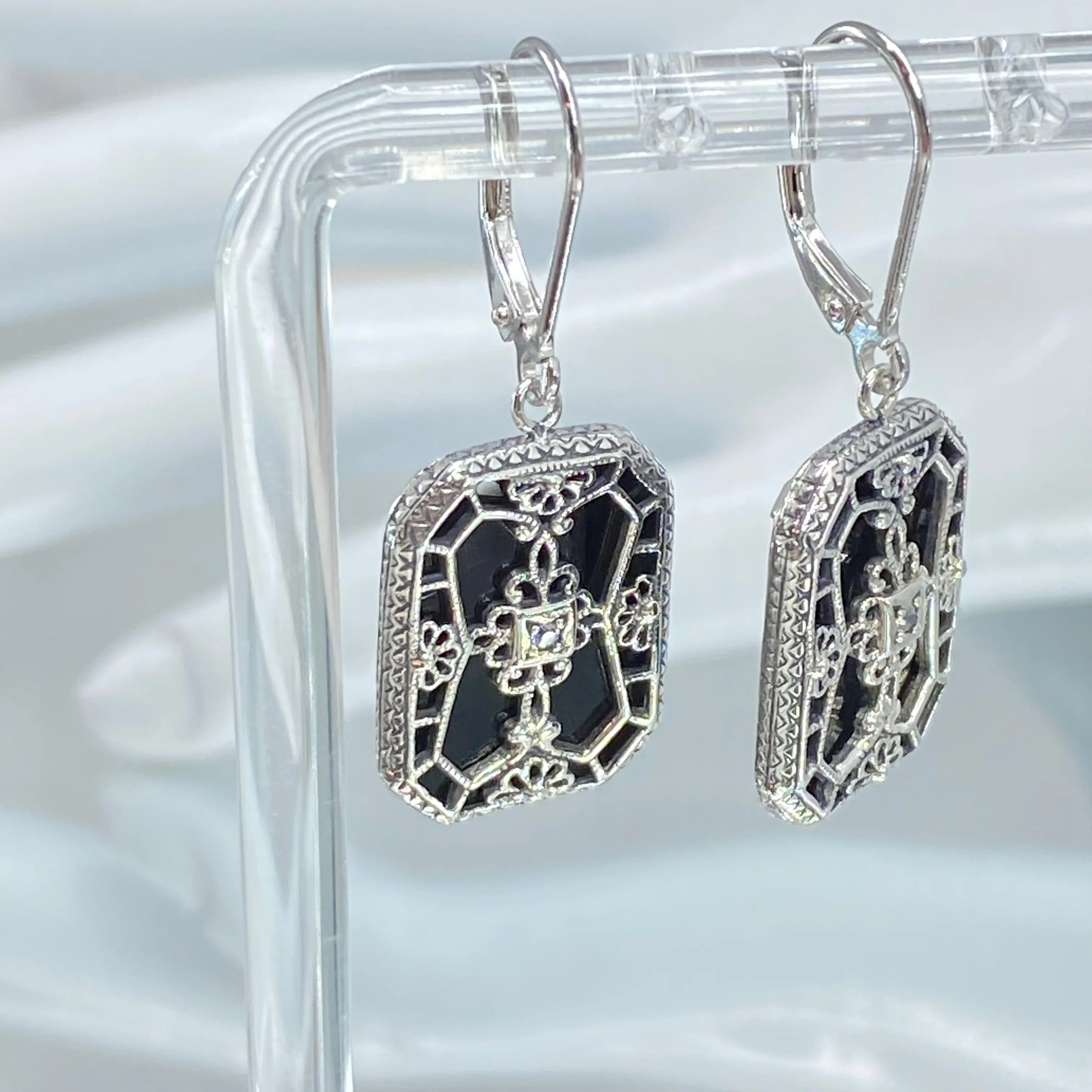 Black Camphor Glass Earrings, Stained Glass Art Deco 1930's Revival Jewelry #E203