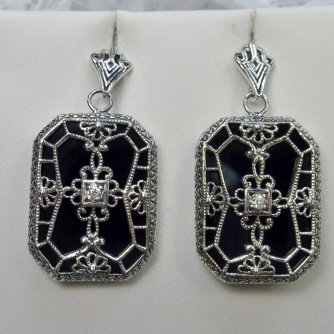 Black Camphor Glass Earrings, Stained Glass Art Deco 1930's Revival Jewelry #E203