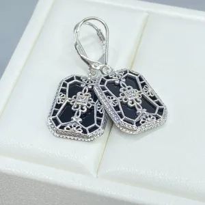 Black Camphor Glass Earrings, Stained Glass Art Deco 1930's Revival Jewelry #E203