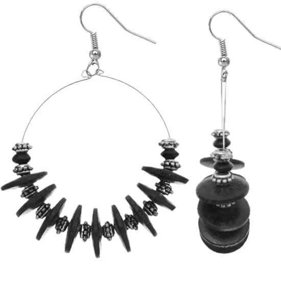 Black Wooden Round Spacer Hoop Earrings