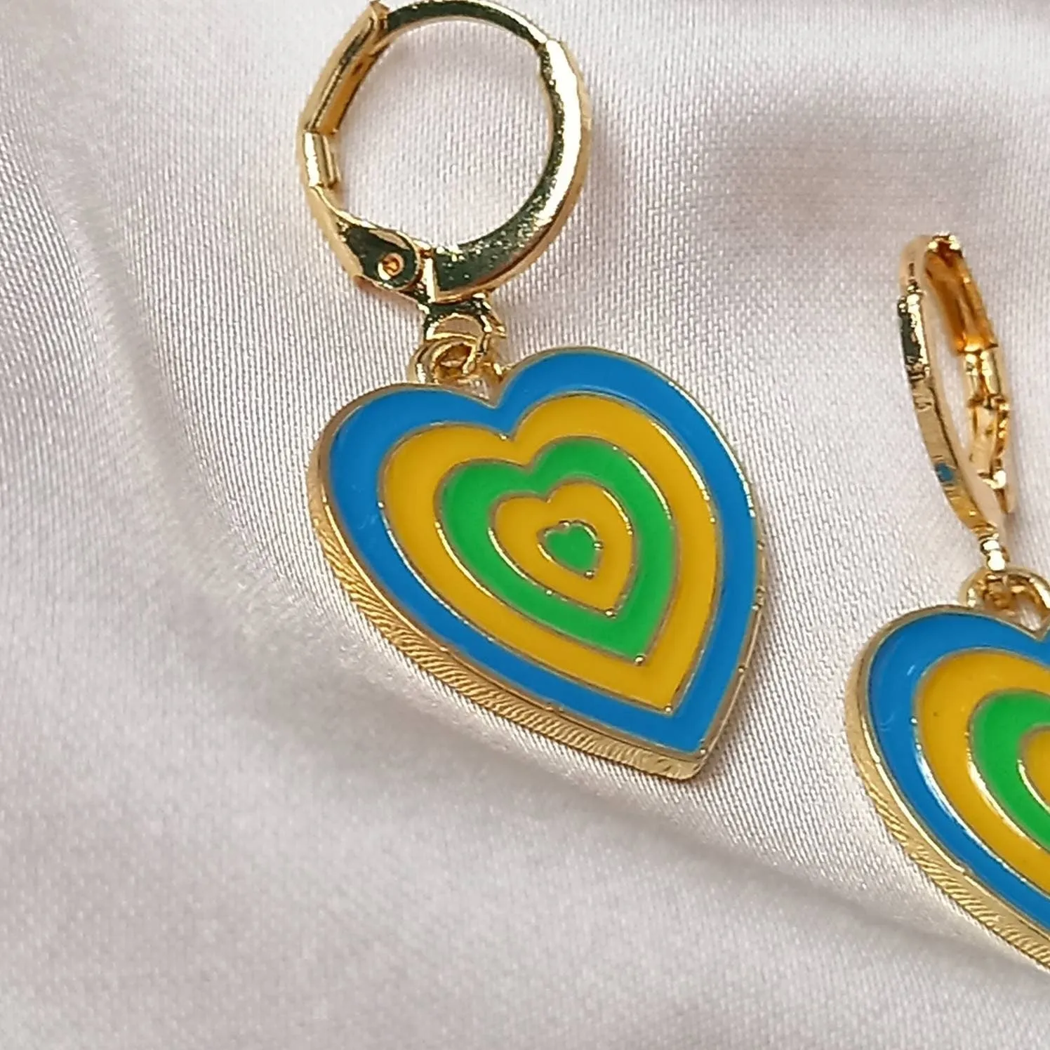 Blue & Gold Retro Heart Drop Earrings -  70's Style Earrings, Vintage Style, Hanging Jewellery,Accessories,Yellow Jewellery,Gold Earrings