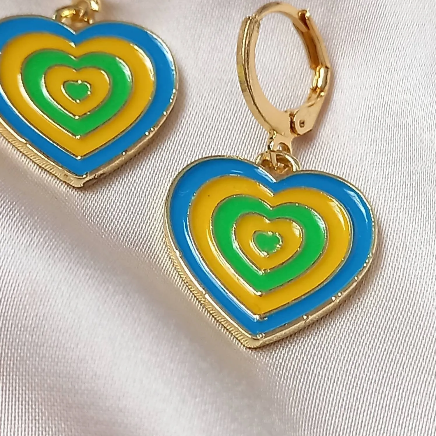 Blue & Gold Retro Heart Drop Earrings -  70's Style Earrings, Vintage Style, Hanging Jewellery,Accessories,Yellow Jewellery,Gold Earrings