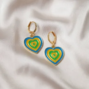 Blue & Gold Retro Heart Drop Earrings -  70's Style Earrings, Vintage Style, Hanging Jewellery,Accessories,Yellow Jewellery,Gold Earrings