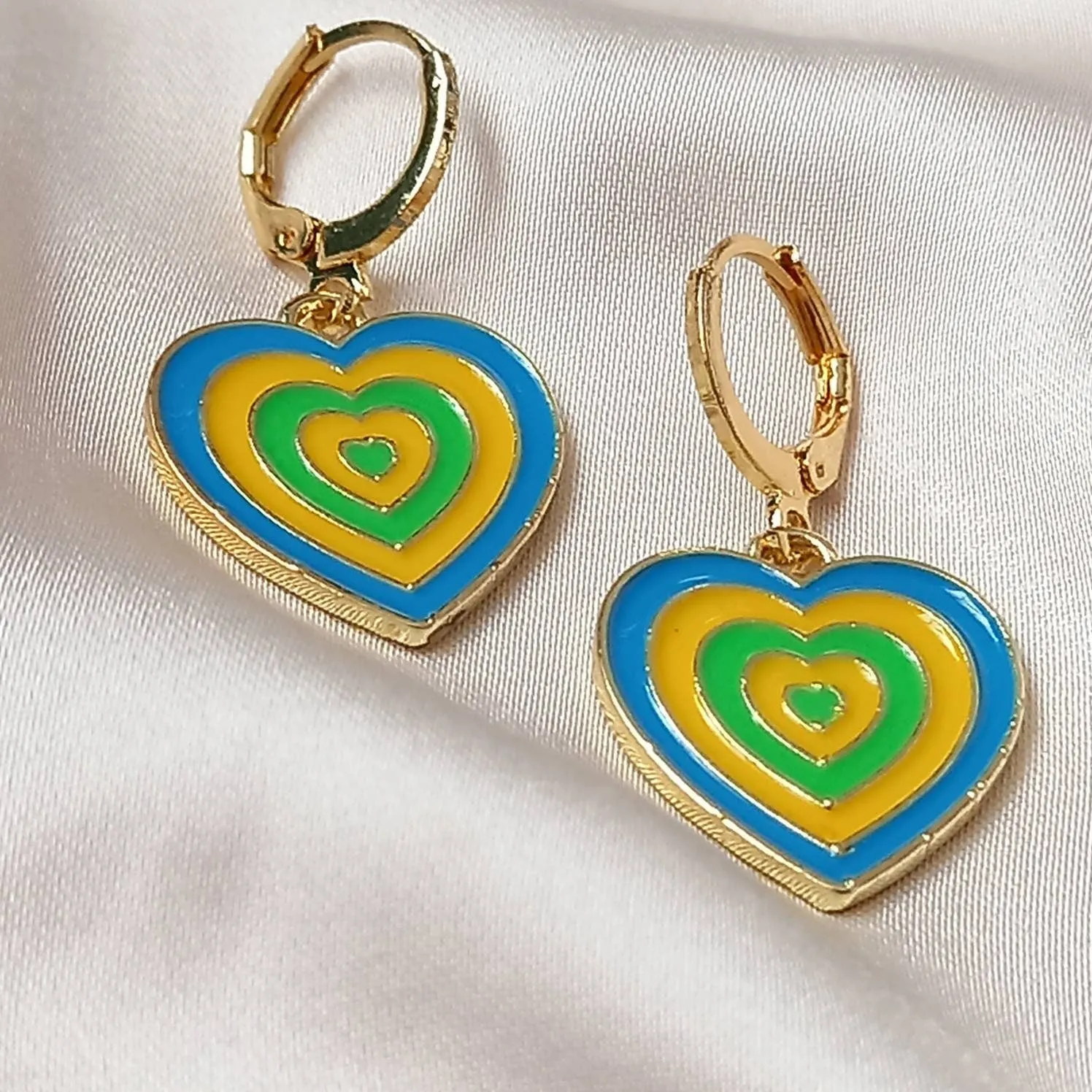 Blue & Gold Retro Heart Drop Earrings -  70's Style Earrings, Vintage Style, Hanging Jewellery,Accessories,Yellow Jewellery,Gold Earrings