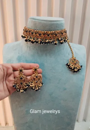 Blue Antique Gold Choker Indian Jewellery Ricky Set
