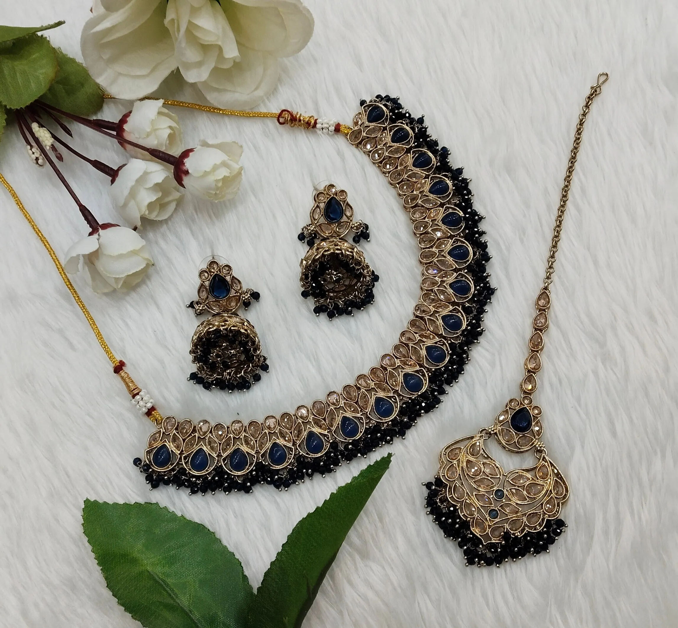 Blue Antique Gold Necklace Indian Jewellery Topply Set