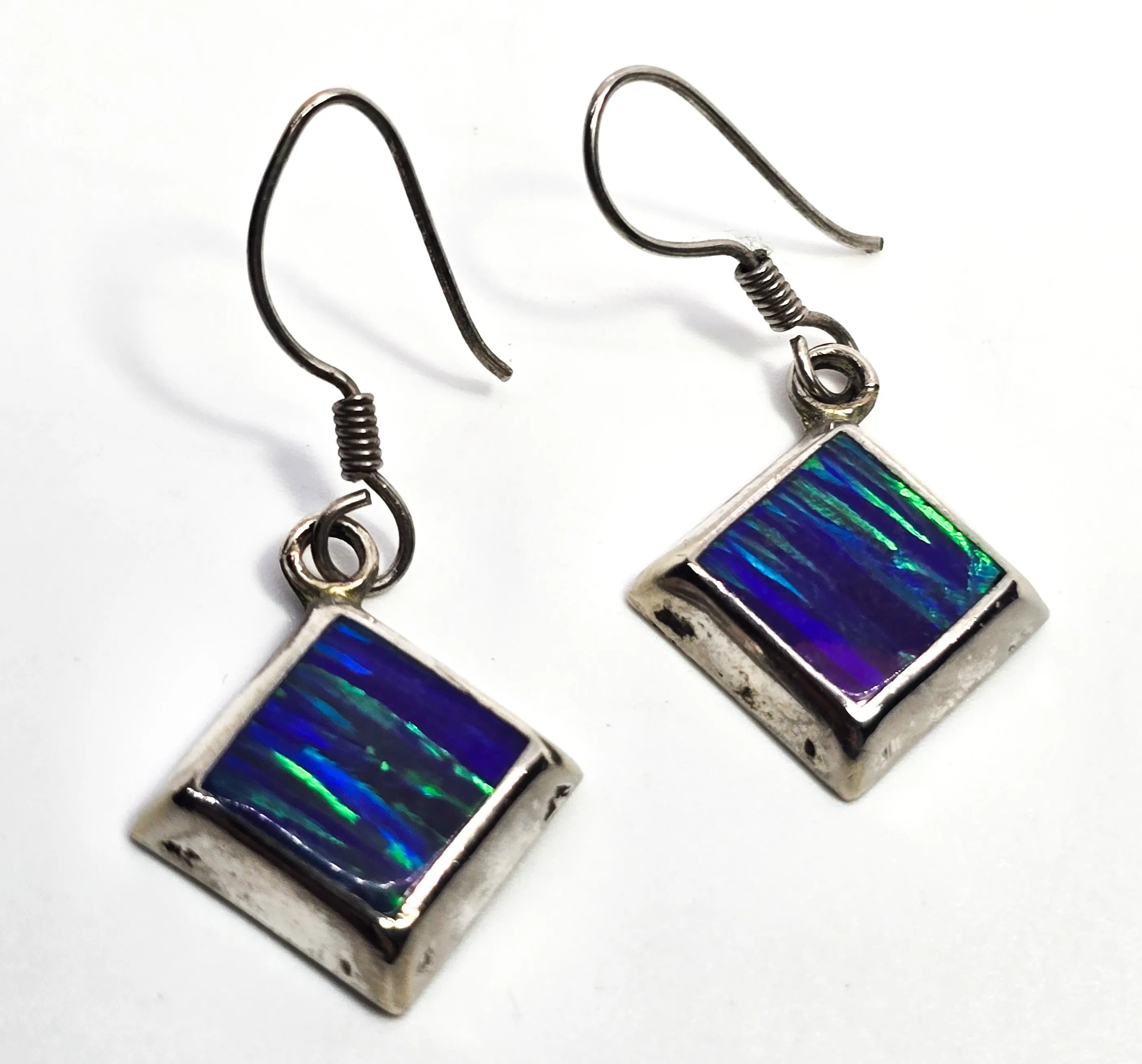 Blue Fire opal Mexican square drop vintage sterling silver earrings