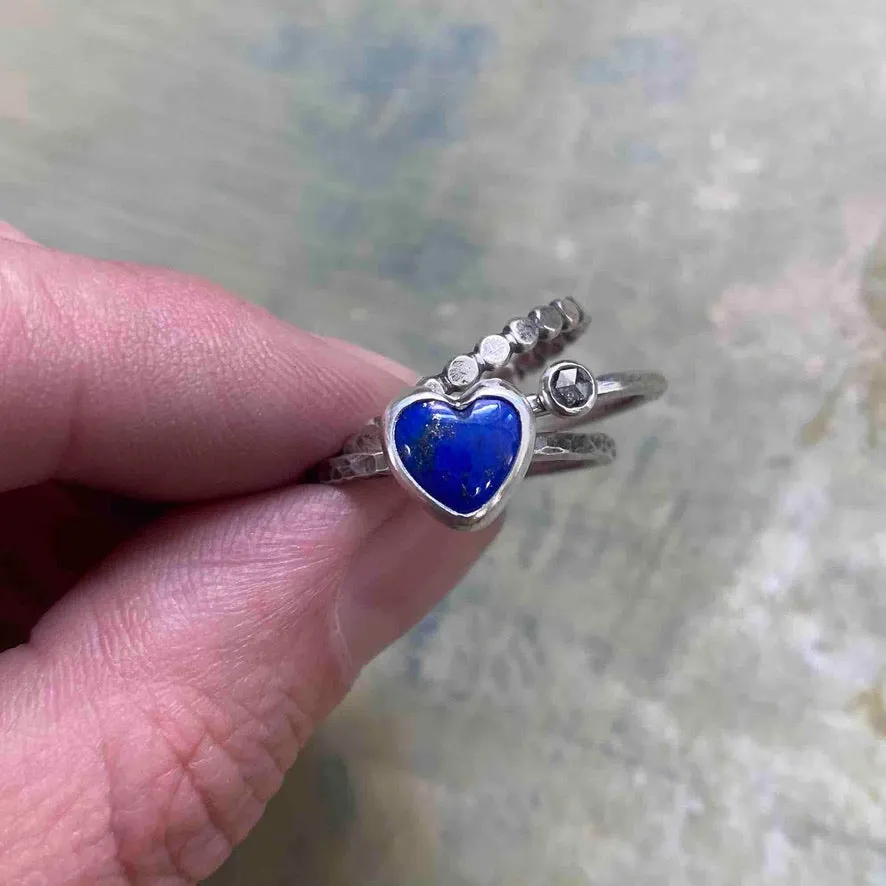 Blue Heart Lapis & Diamond Stacking Ring Set