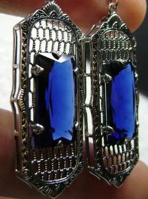 Blue Sapphire Earrings, Baguette Gem, 1930s Reproduction Art Deco Jewelry, Design E16