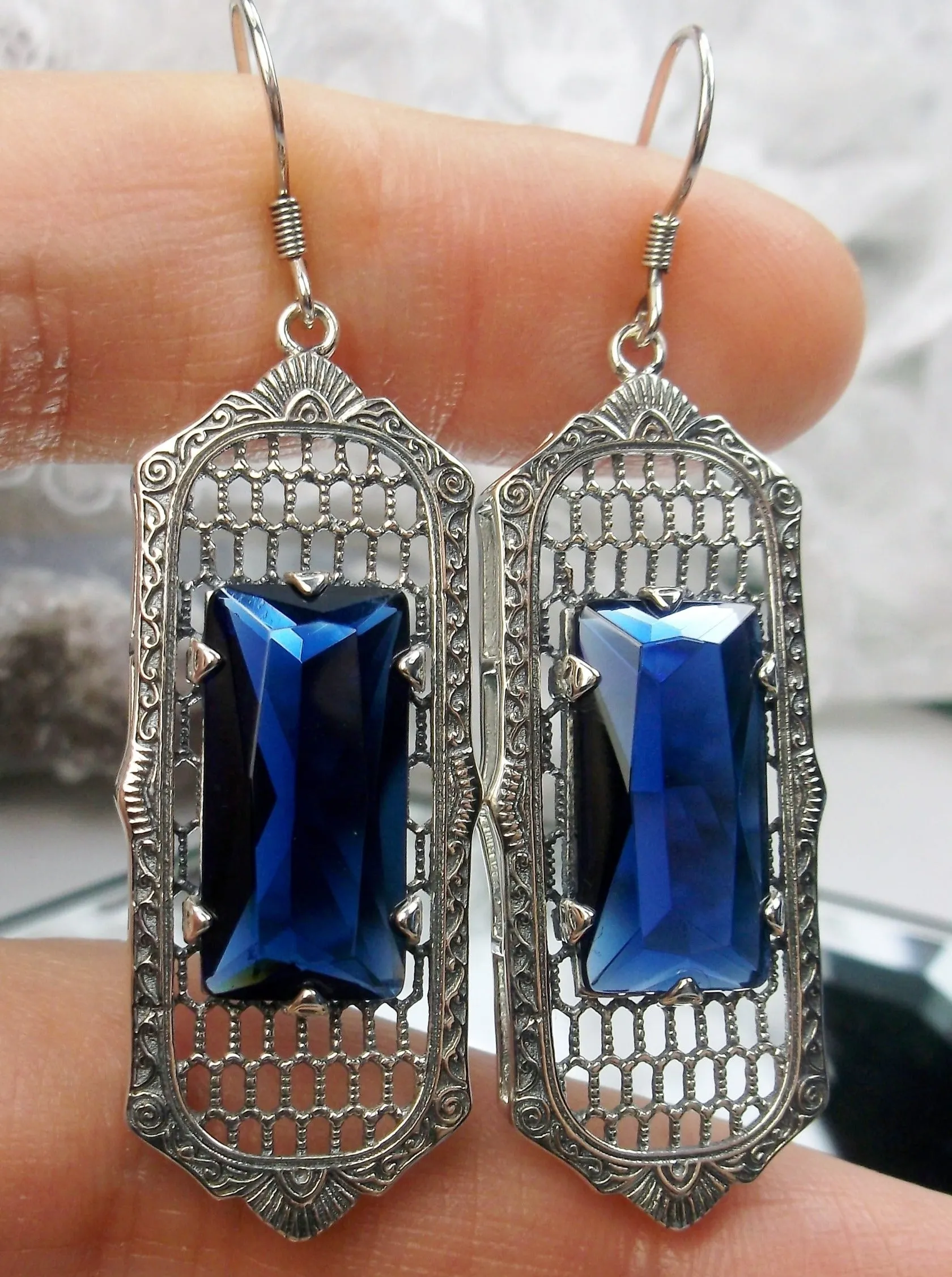 Blue Sapphire Earrings, Baguette Gem, 1930s Reproduction Art Deco Jewelry, Design E16