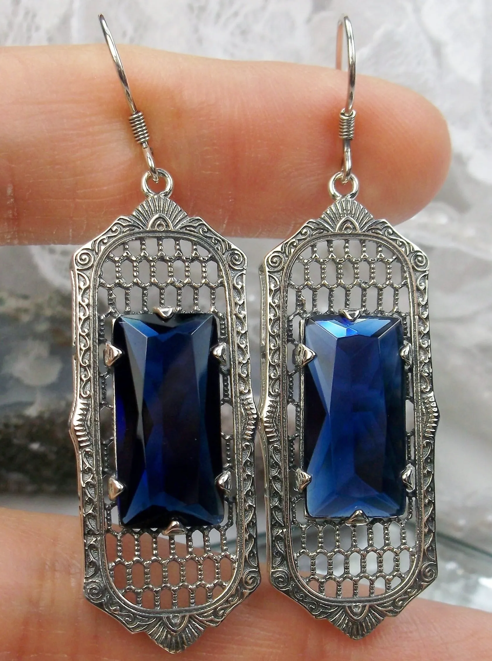 Blue Sapphire Earrings, Baguette Gem, 1930s Reproduction Art Deco Jewelry, Design E16