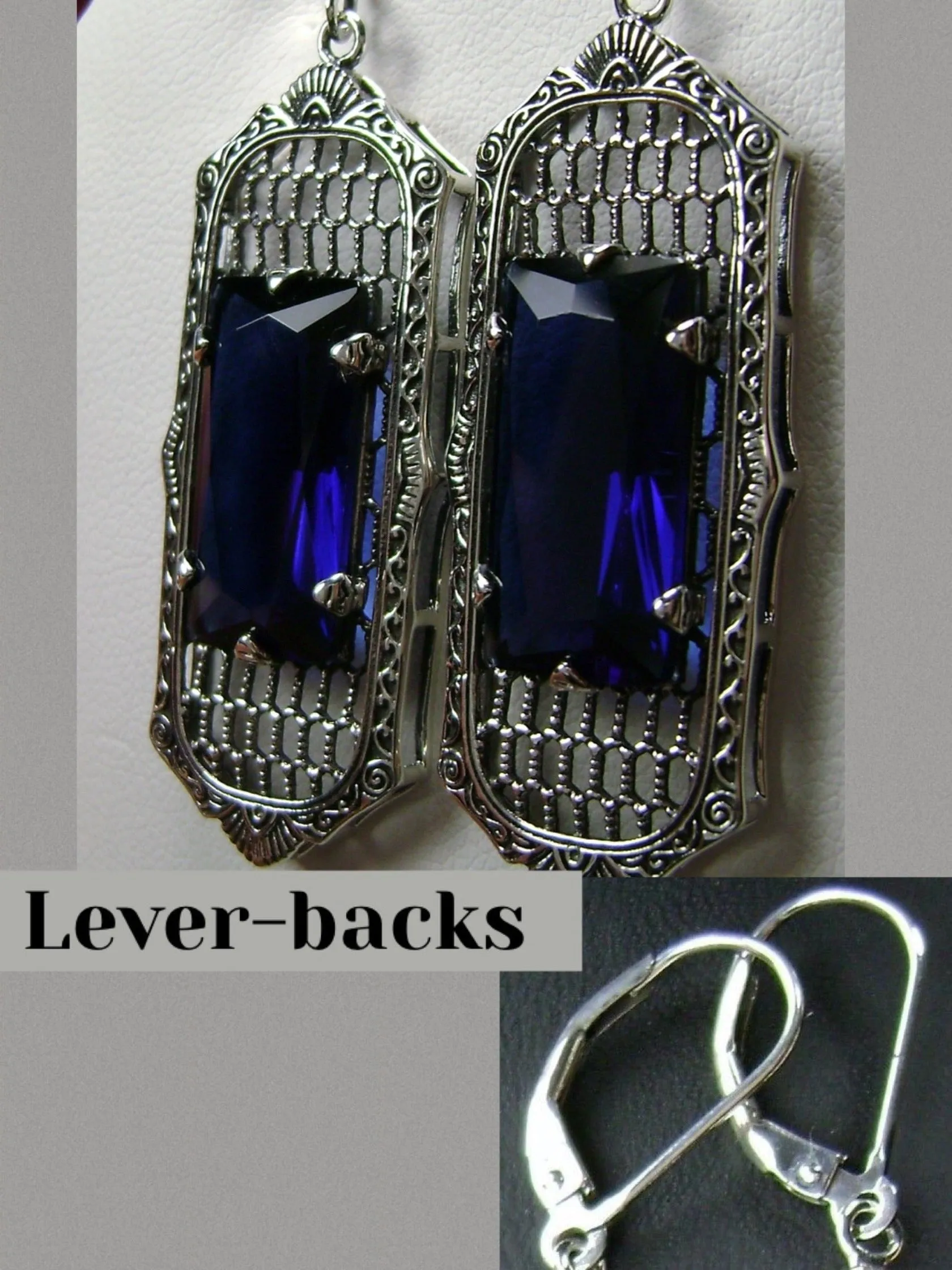 Blue Sapphire Earrings, Baguette Gem, 1930s Reproduction Art Deco Jewelry, Design E16