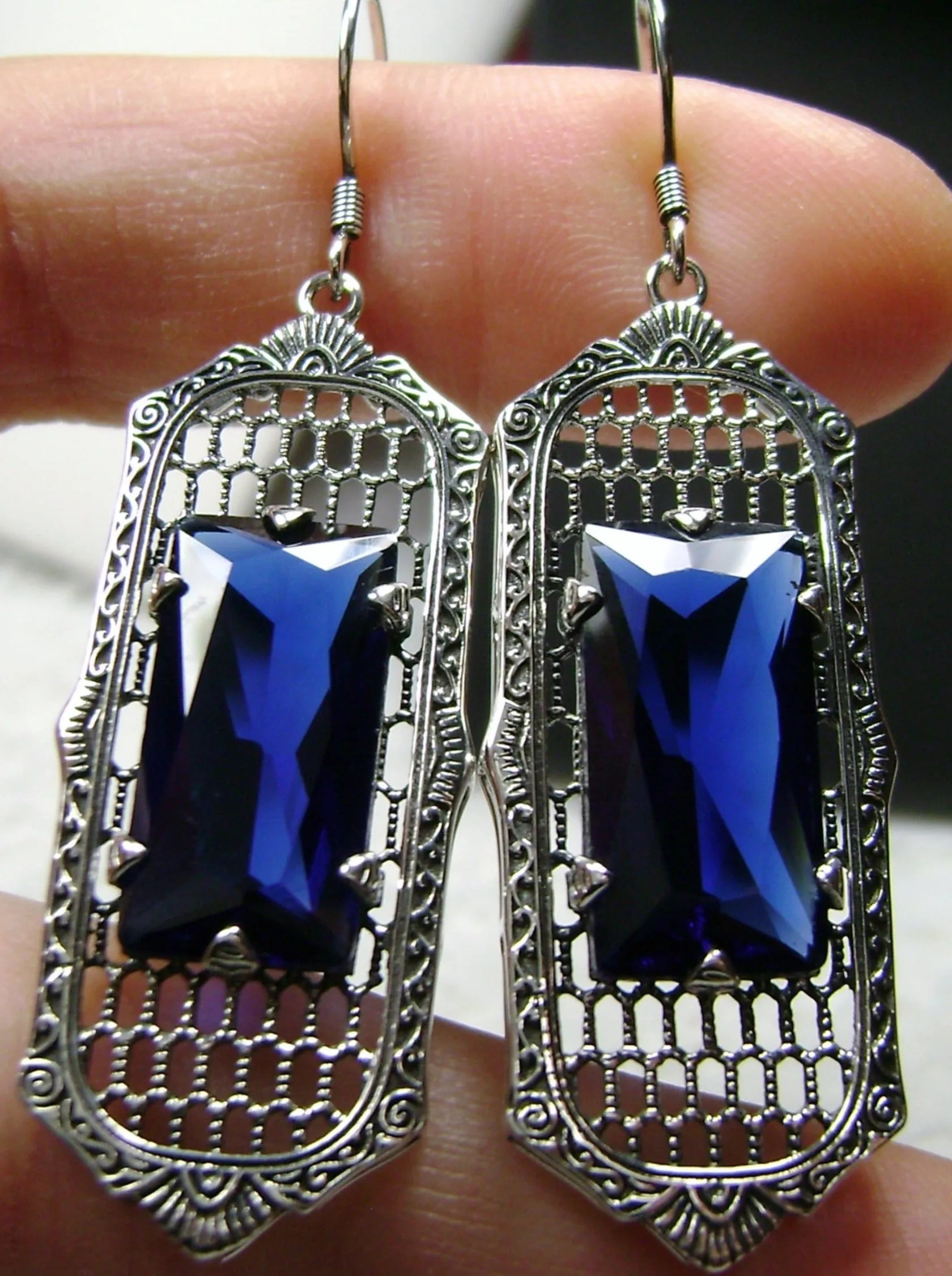 Blue Sapphire Earrings, Baguette Gem, 1930s Reproduction Art Deco Jewelry, Design E16