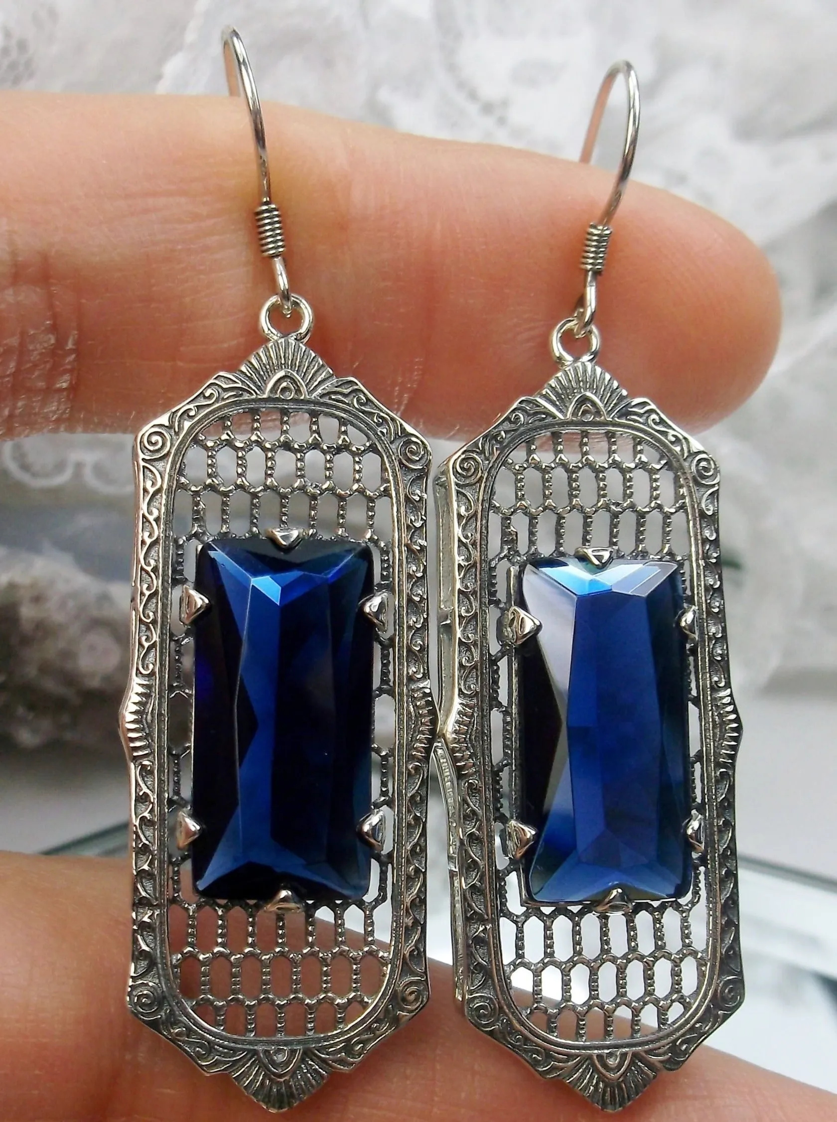 Blue Sapphire Earrings, Baguette Gem, 1930s Reproduction Art Deco Jewelry, Design E16