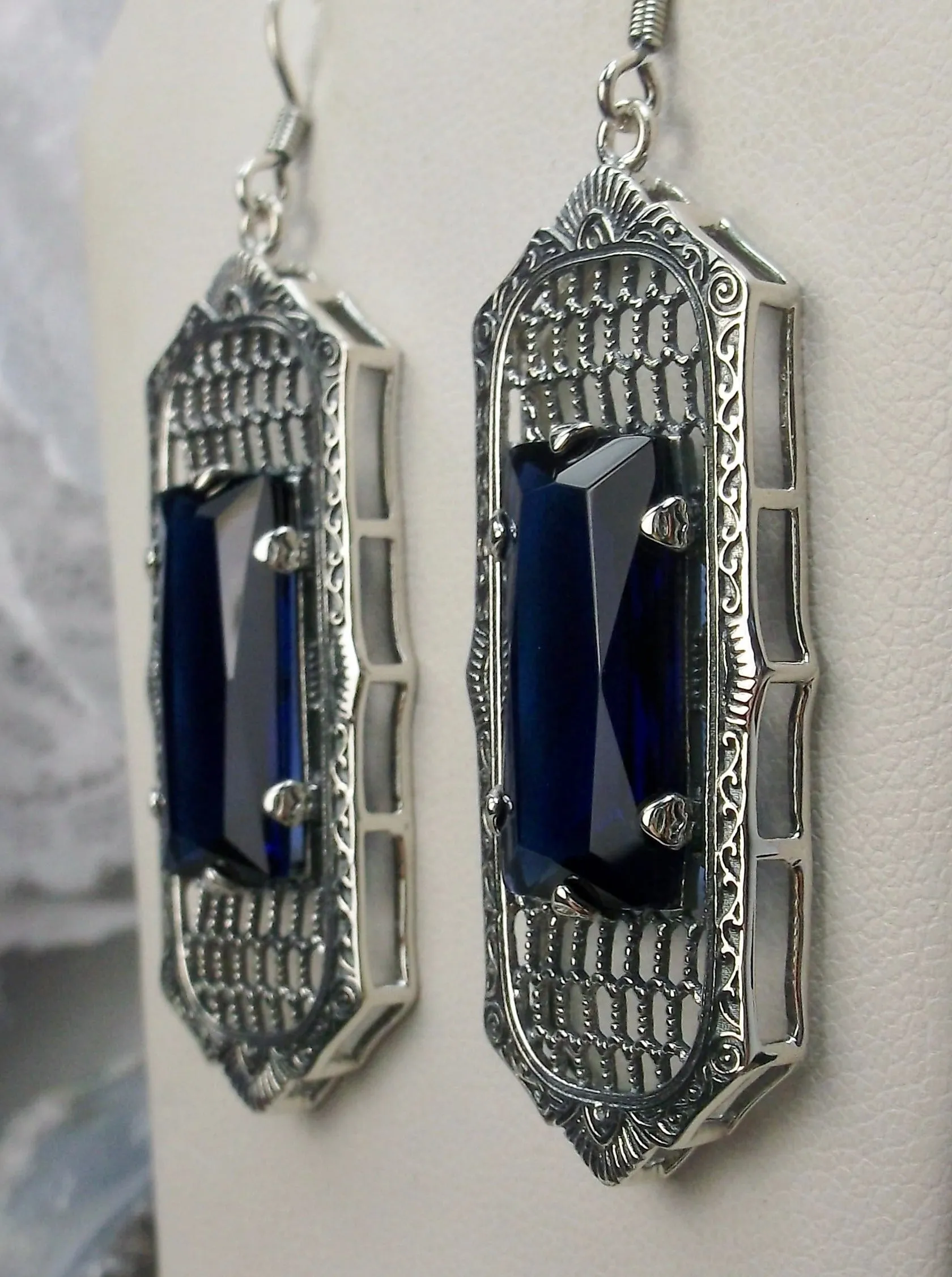 Blue Sapphire Earrings, Baguette Gem, 1930s Reproduction Art Deco Jewelry, Design E16
