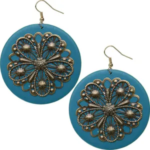 Blue Wooden Round Antique Filigree Earrings