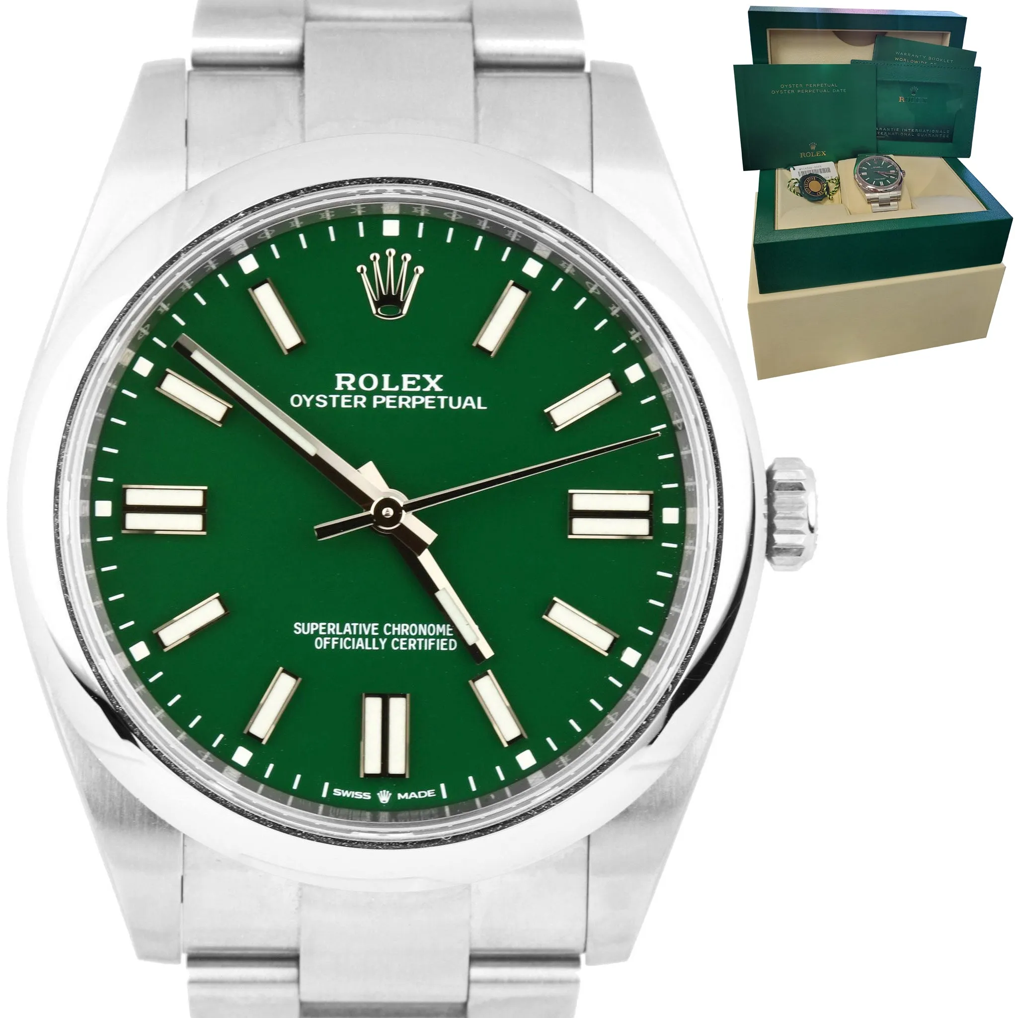 BRAND NEW 2021 CARD Rolex Oyster Perpetual 41mm GREEN Oyster Steel Watch 124300