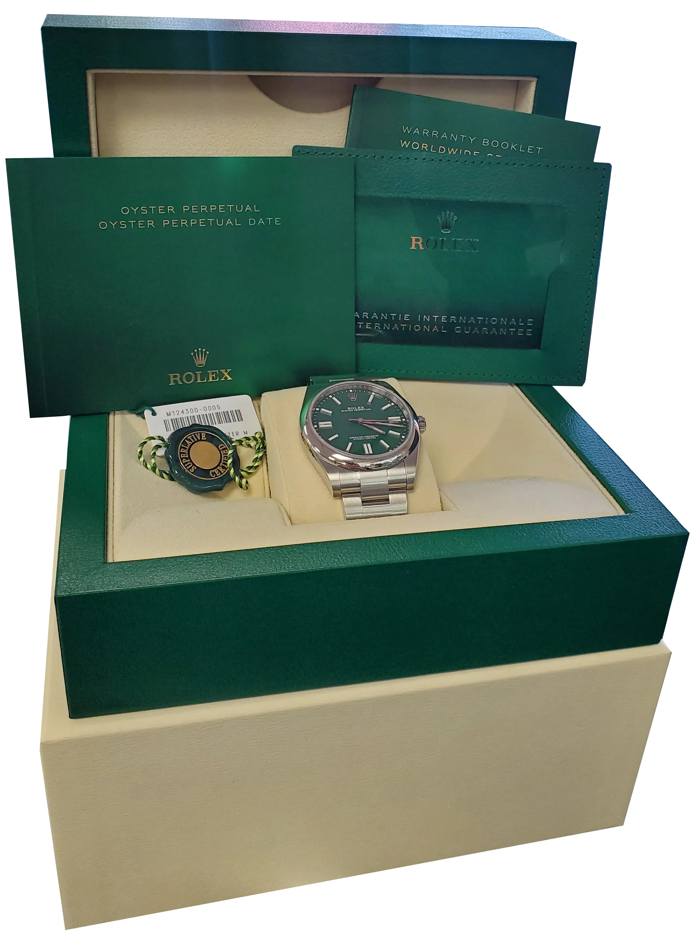 BRAND NEW 2021 CARD Rolex Oyster Perpetual 41mm GREEN Oyster Steel Watch 124300