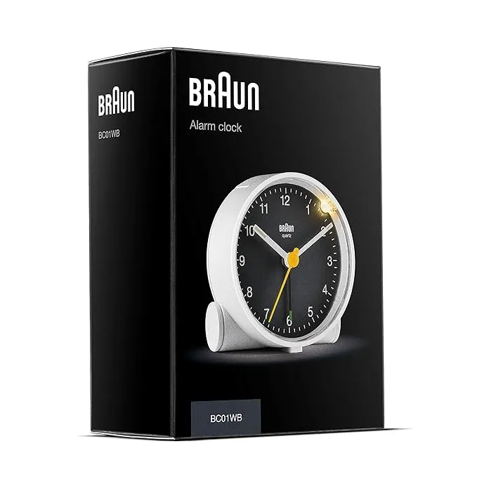 Braun Classic Alarm Clock with Snooze and Light, Crescendo Beep Alarm in White and Black - BC01WB