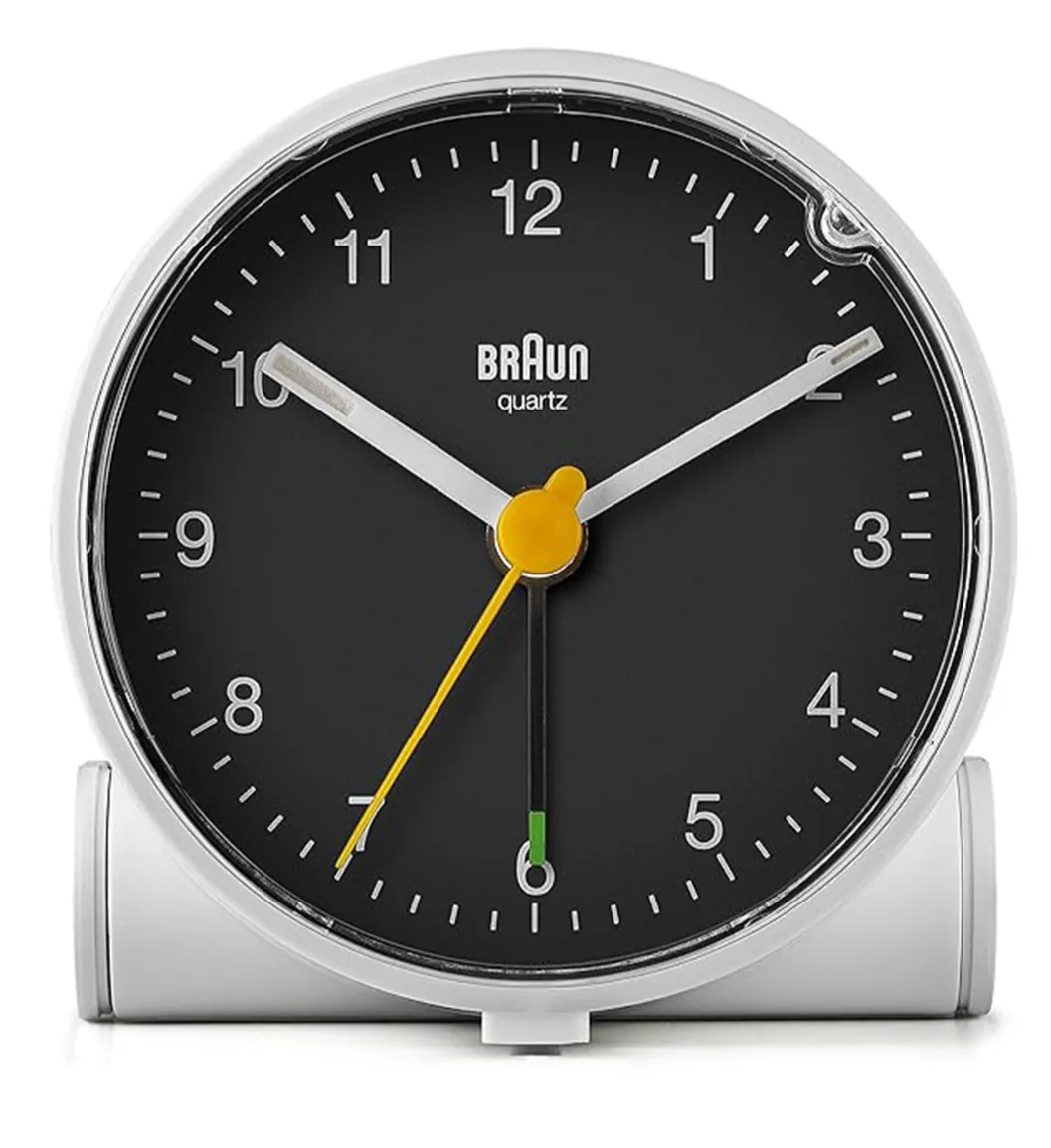 Braun Classic Alarm Clock with Snooze and Light, Crescendo Beep Alarm in White and Black - BC01WB