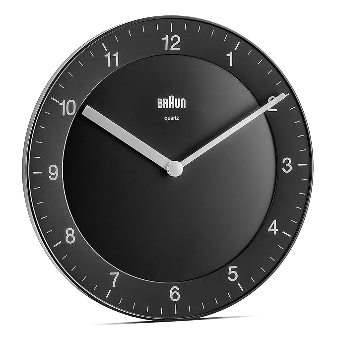 Braun Classic Wall Clock with Quiet Quartz Movement, Easy To Read, 20cm Diameter in Black - BC06B
