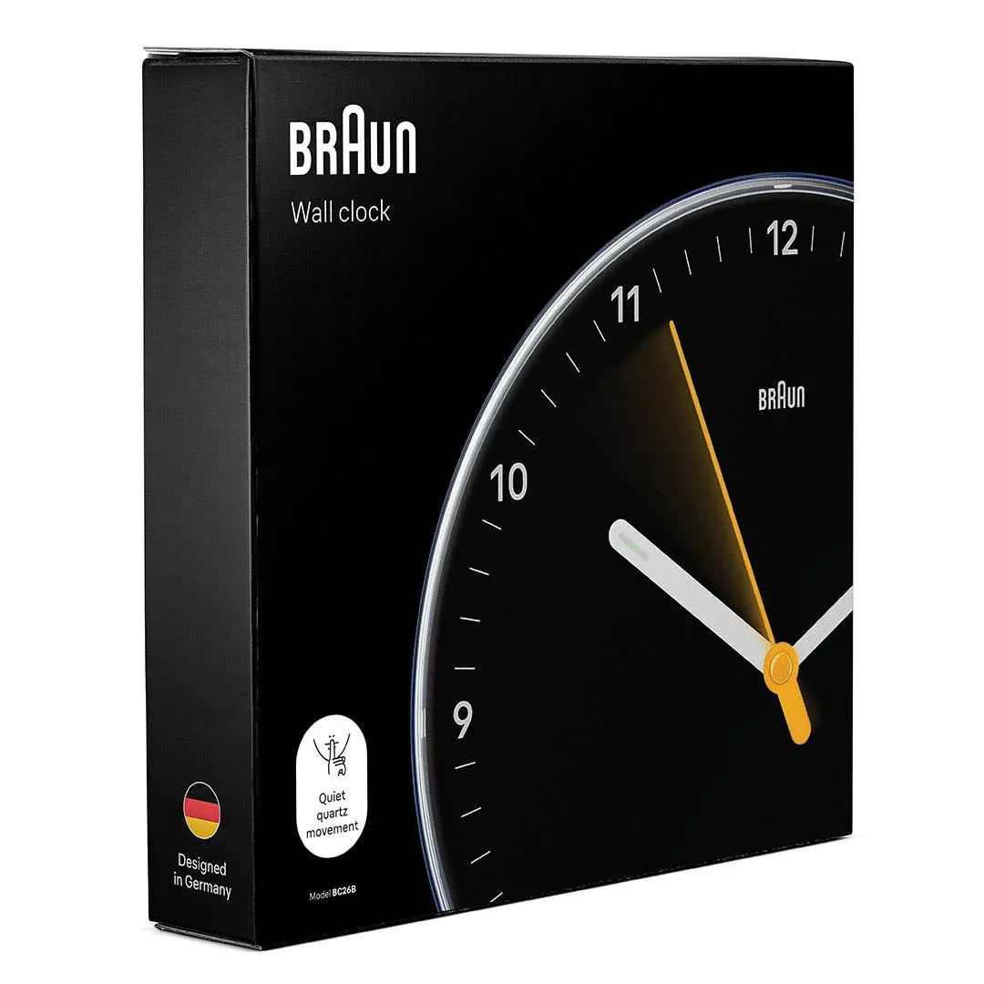 Braun Classic Wall Clock with Silent Sweeping Easy to Read, 23cm Diameter in Black - BC26B