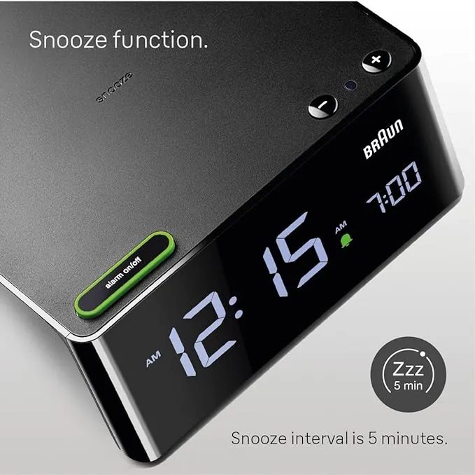 Braun Digital Alarm Clock with VA LCD Display, Touch Snooze Pad, Quick Set, Automatically Adjusting Display Brightness, Beep Alarm in Black, model BC16B