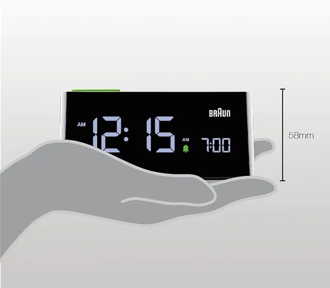 Braun Digital Alarm Clock with VA LCD Display, Touch Snooze Pad, Quick Set, Automatically Adjusting Display Brightness, Beep Alarm in Black, model BC16B