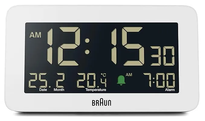 Braun Digital Clock with Date, Month and Temperature Displayed, Negative LCD Display - BC10W