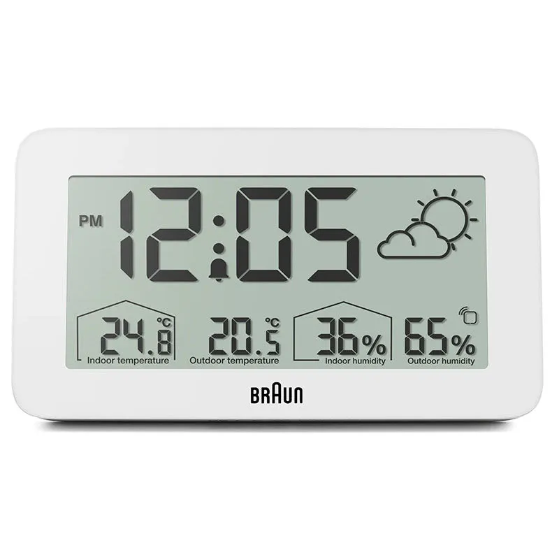 Braun Digital Weather Station Clock with Indoor and Outdoor Temperature and Humidity - BC13WP