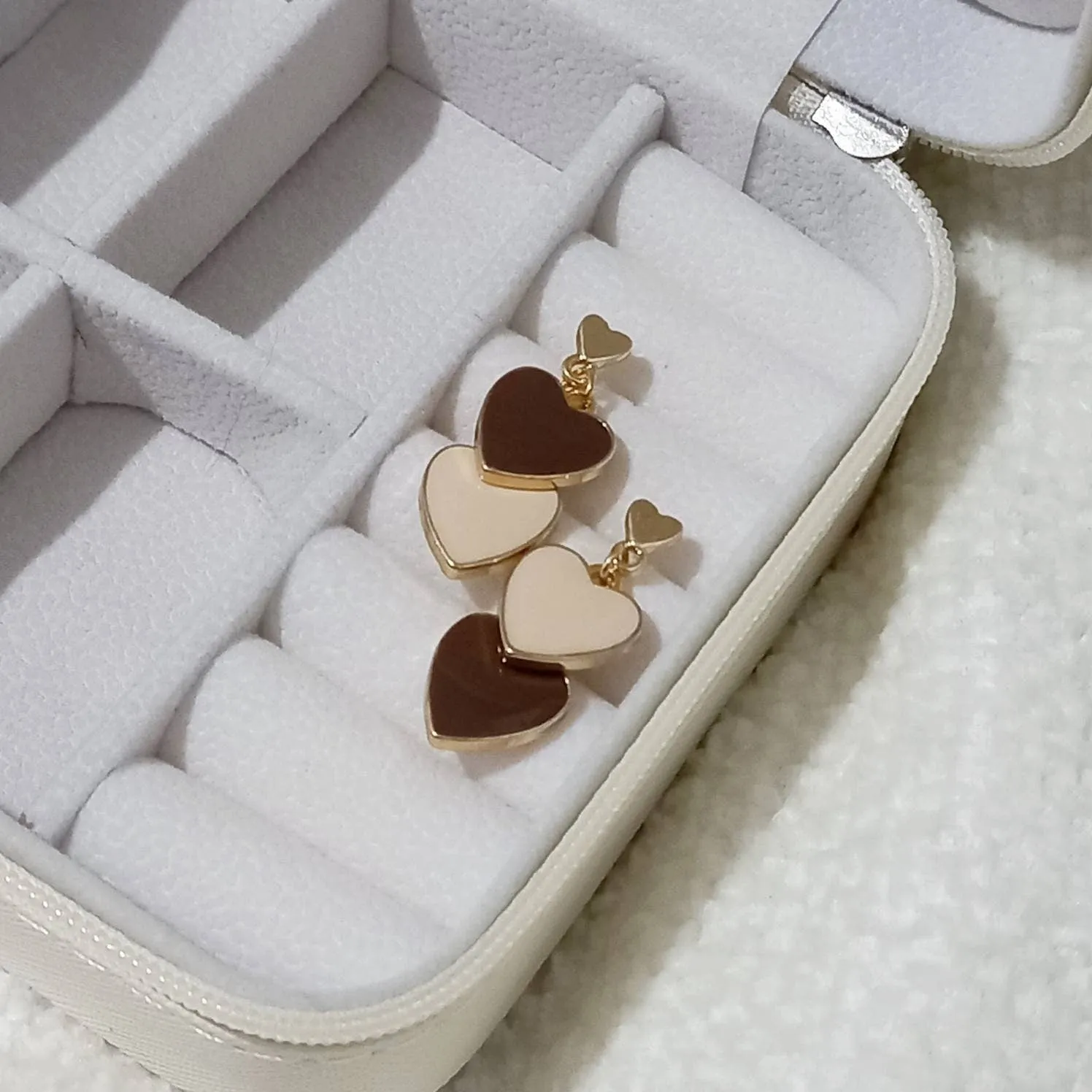 Brown & Gold Retro Heart Earrings - Brown Heart Earrings,70's Style Earrings,Vintage Style,Brown Jewellery In The UK,Gold Earrings In The UK