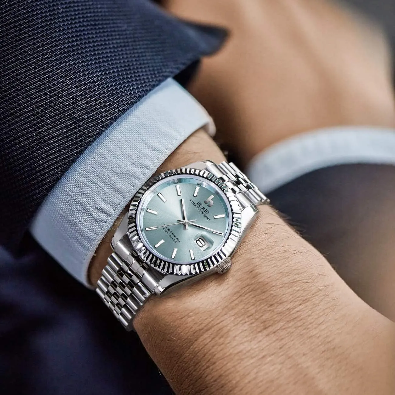 BUREI Men's Automatic Watch Analog Dial with Date Window Sapphire Crystal Stainless Steel Band and Case