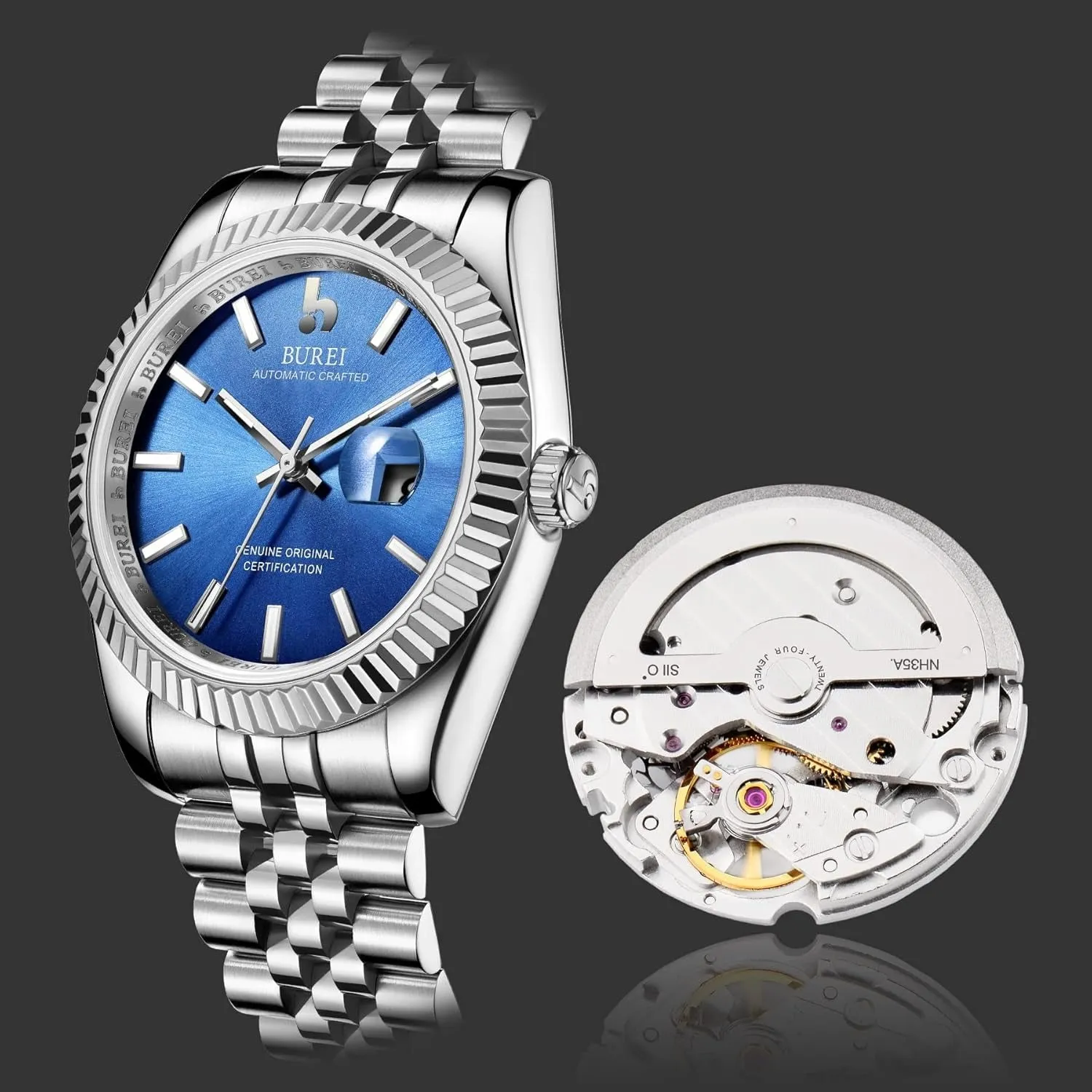 BUREI Men's Automatic Watch Analog Dial with Date Window Sapphire Crystal Stainless Steel Band and Case