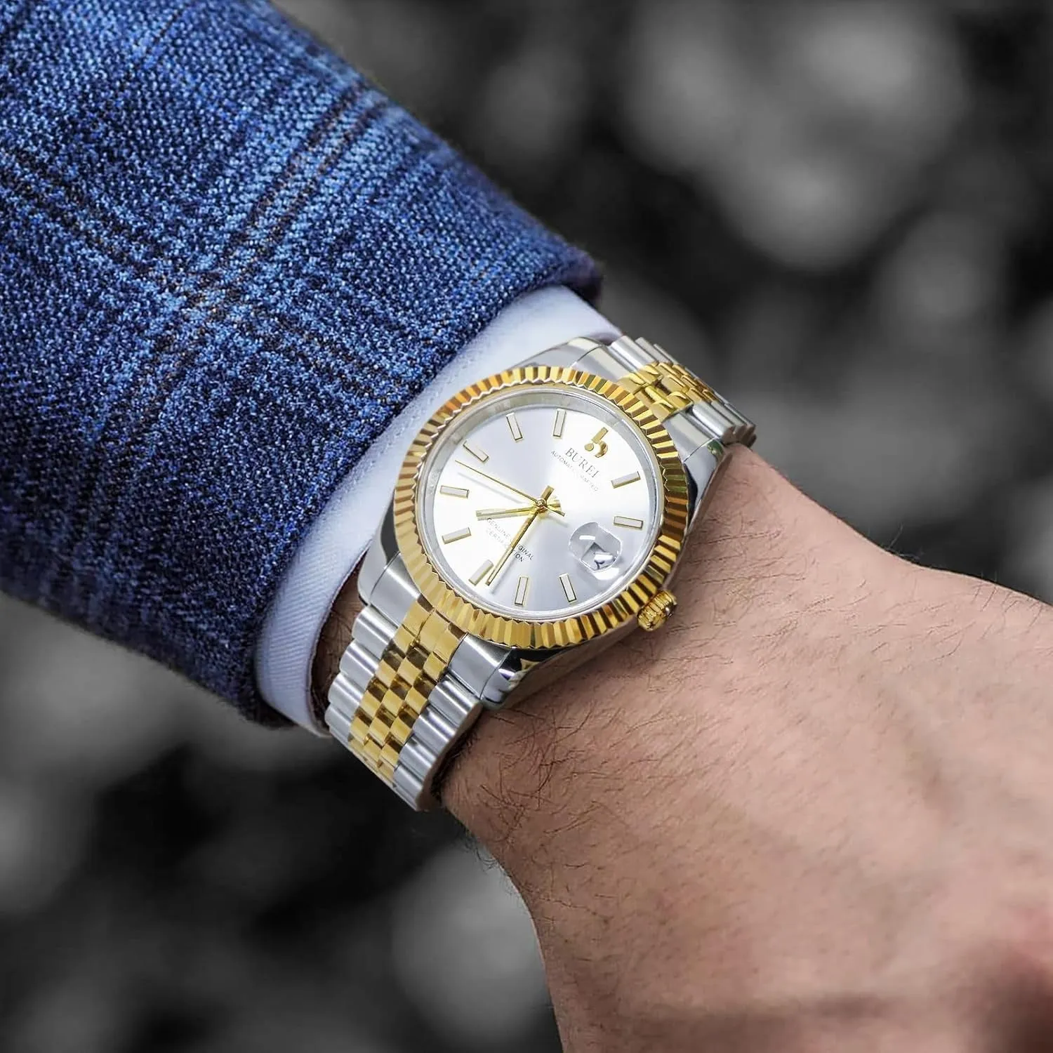 BUREI Men's Automatic Watch Analog Dial with Date Window Sapphire Crystal Stainless Steel Band and Case